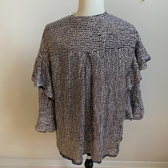 ISABEL Marant Metallic Silver Sequin Ruffle Top Sz Medium Womens Ruffle Sleeve - Picture 6 of 11